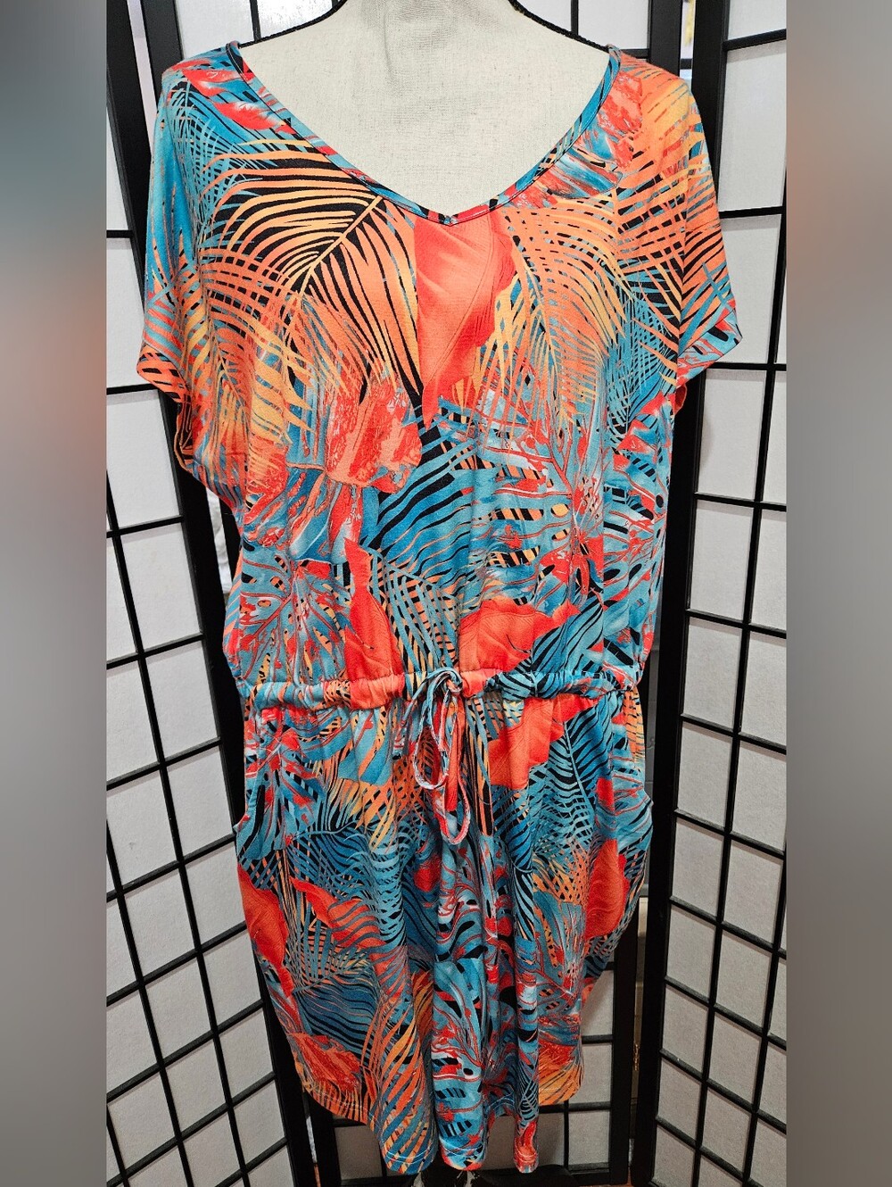 Ofeefan XXL Tropical Teal & Orange Short Sleeve Palm Leaf Dress/Cover-up